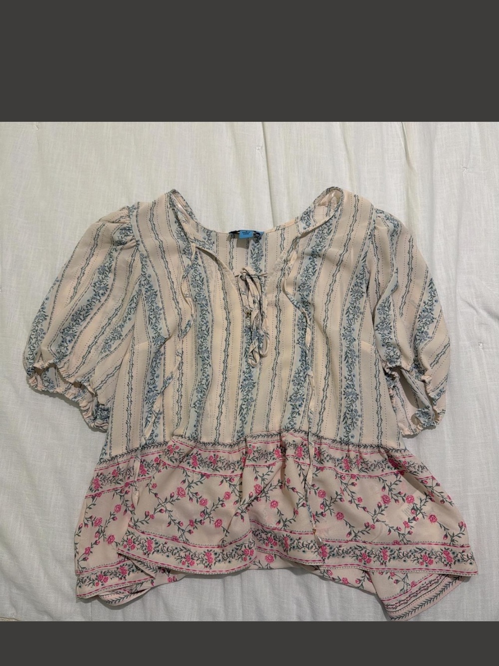 CeCe Cream Blouse with Blue Stripes and Pink Floral Hem